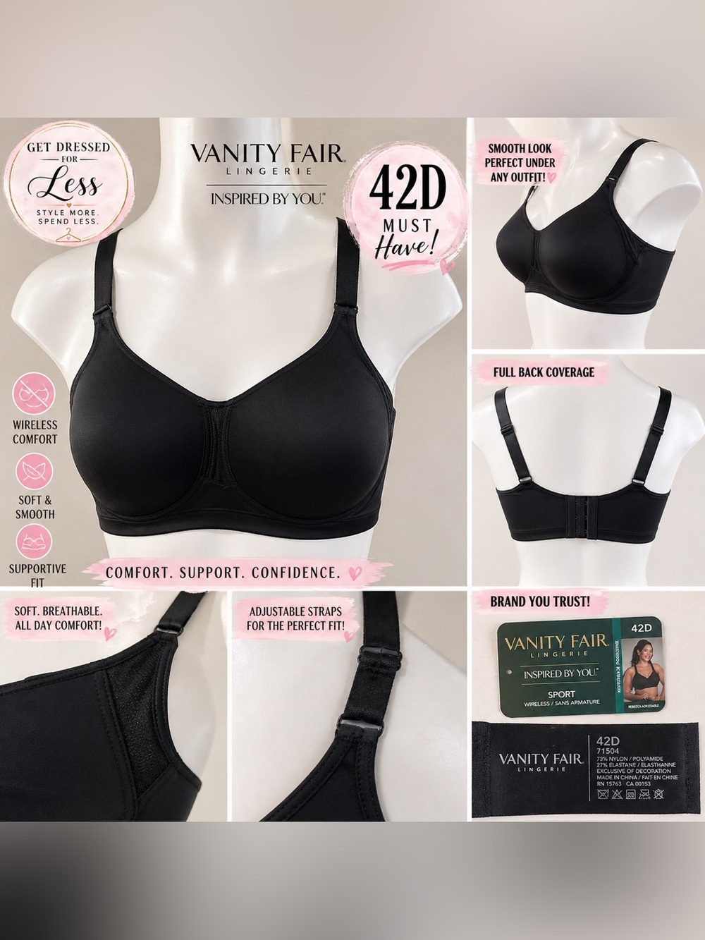 Vanity Fair Wireless Bra 42D Black Full Coverage Comfort Support NWOT
